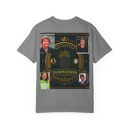 Innovation Crest T-Shirt — Vintage Emblem Tee with Portrait Collage