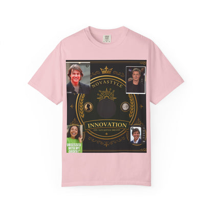 Innovation Crest T-Shirt — Vintage Emblem Tee with Portrait Collage