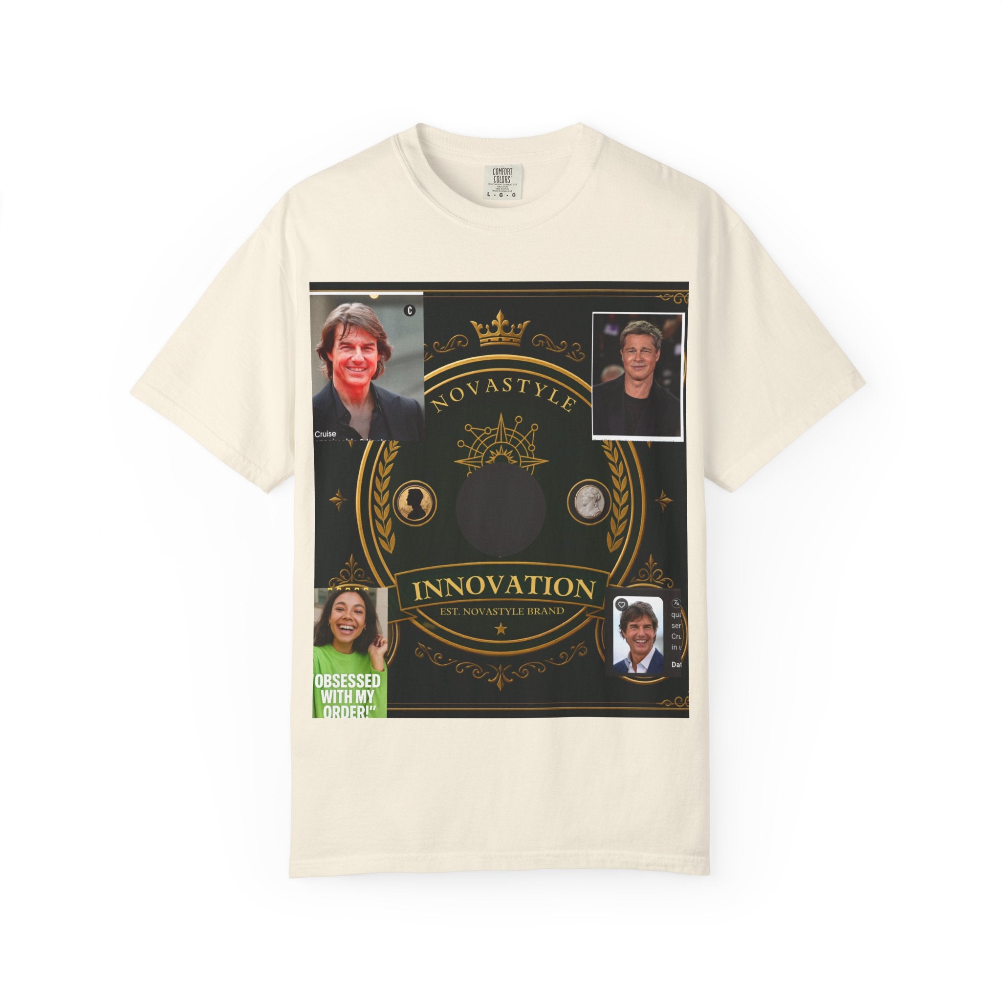 Innovation Crest T-Shirt — Vintage Emblem Tee with Portrait Collage