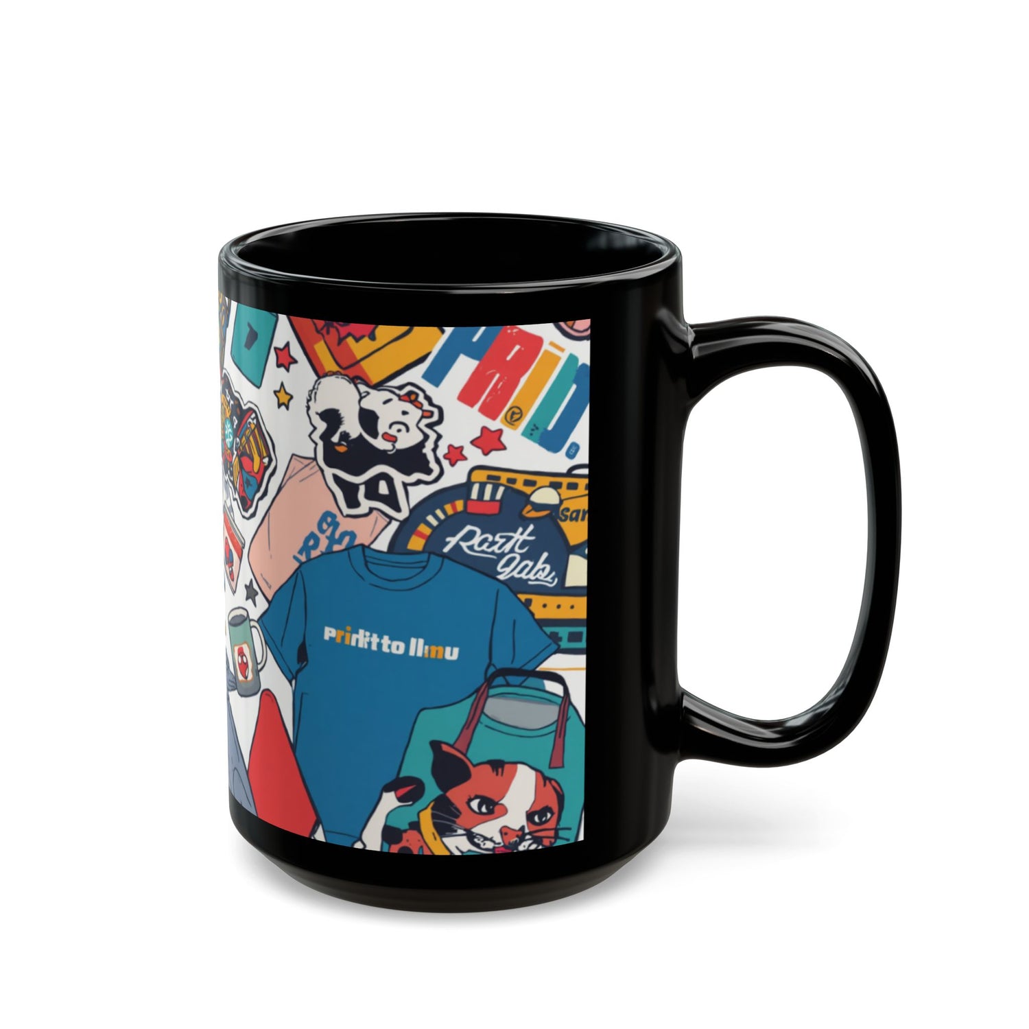 Sticker Collage Black Mug — Colorful Pop Art Coffee Cup (11oz/15oz)