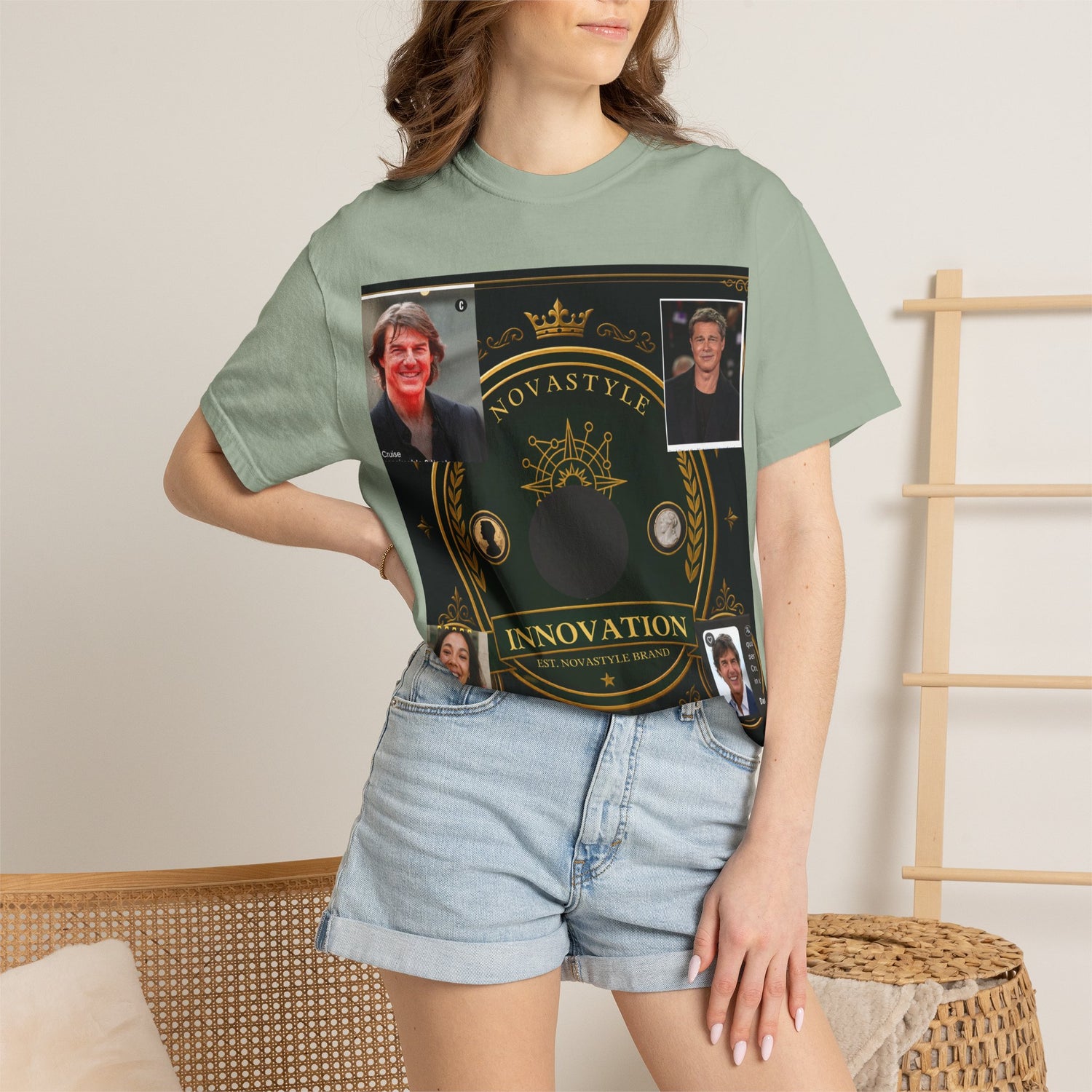 Innovation Crest T-Shirt — Vintage Emblem Tee with Portrait Collage