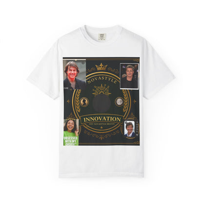 Innovation Crest T-Shirt — Vintage Emblem Tee with Portrait Collage
