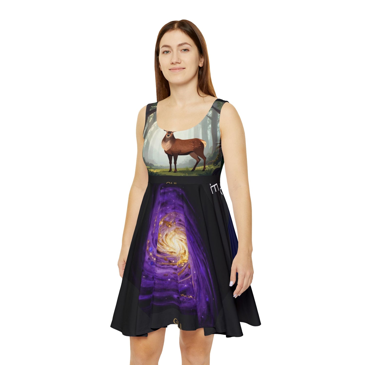 Skater Dress — Mystical Nature Print (Deer, Parrot &amp; Galaxy Artwork)