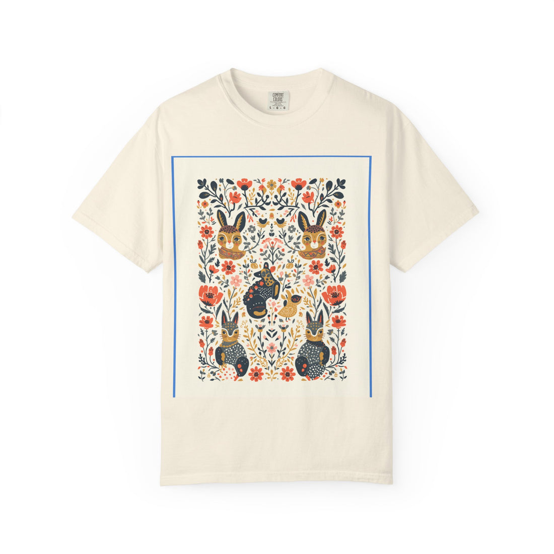Folk Bunny Floral T-Shirt — Whimsical Cottagecore Graphic Tee