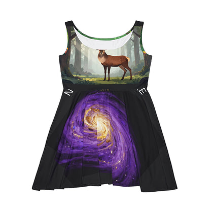 Skater Dress — Mystical Nature Print (Deer, Parrot &amp; Galaxy Artwork)