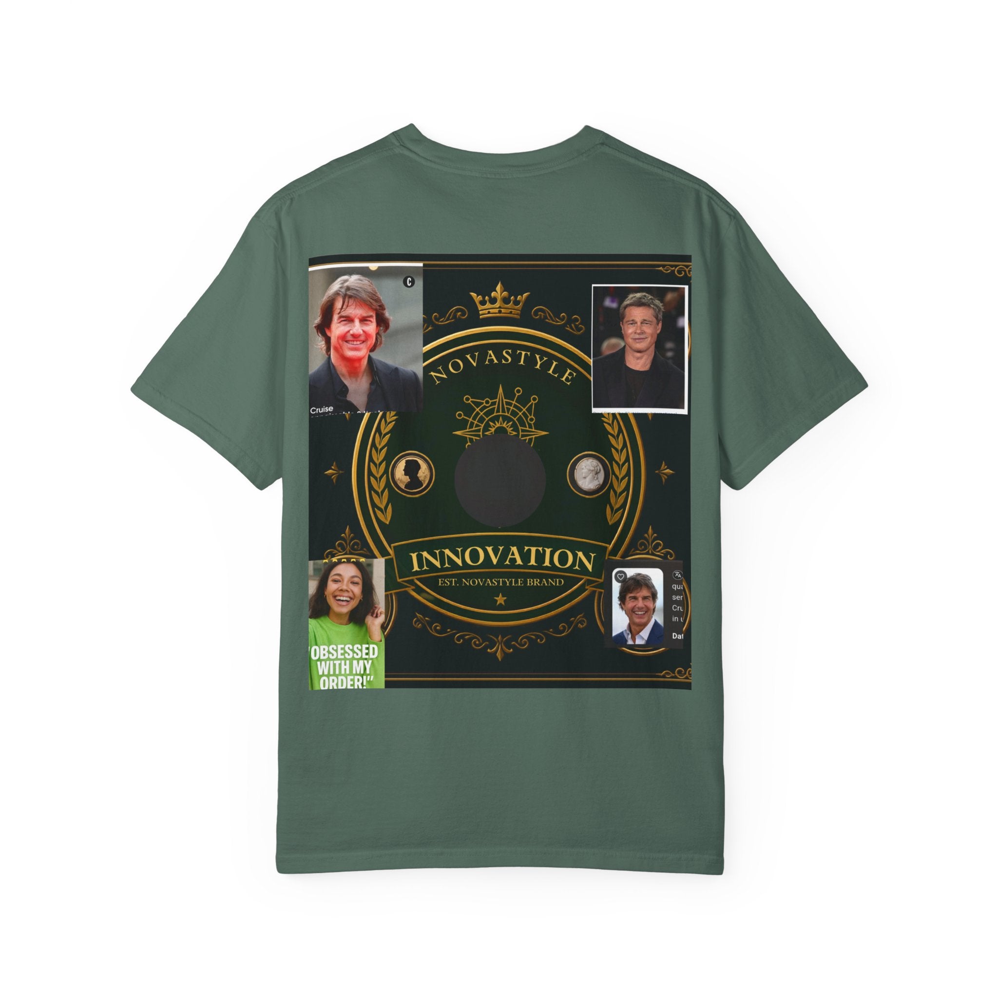 Innovation Crest T-Shirt — Vintage Emblem Tee with Portrait Collage