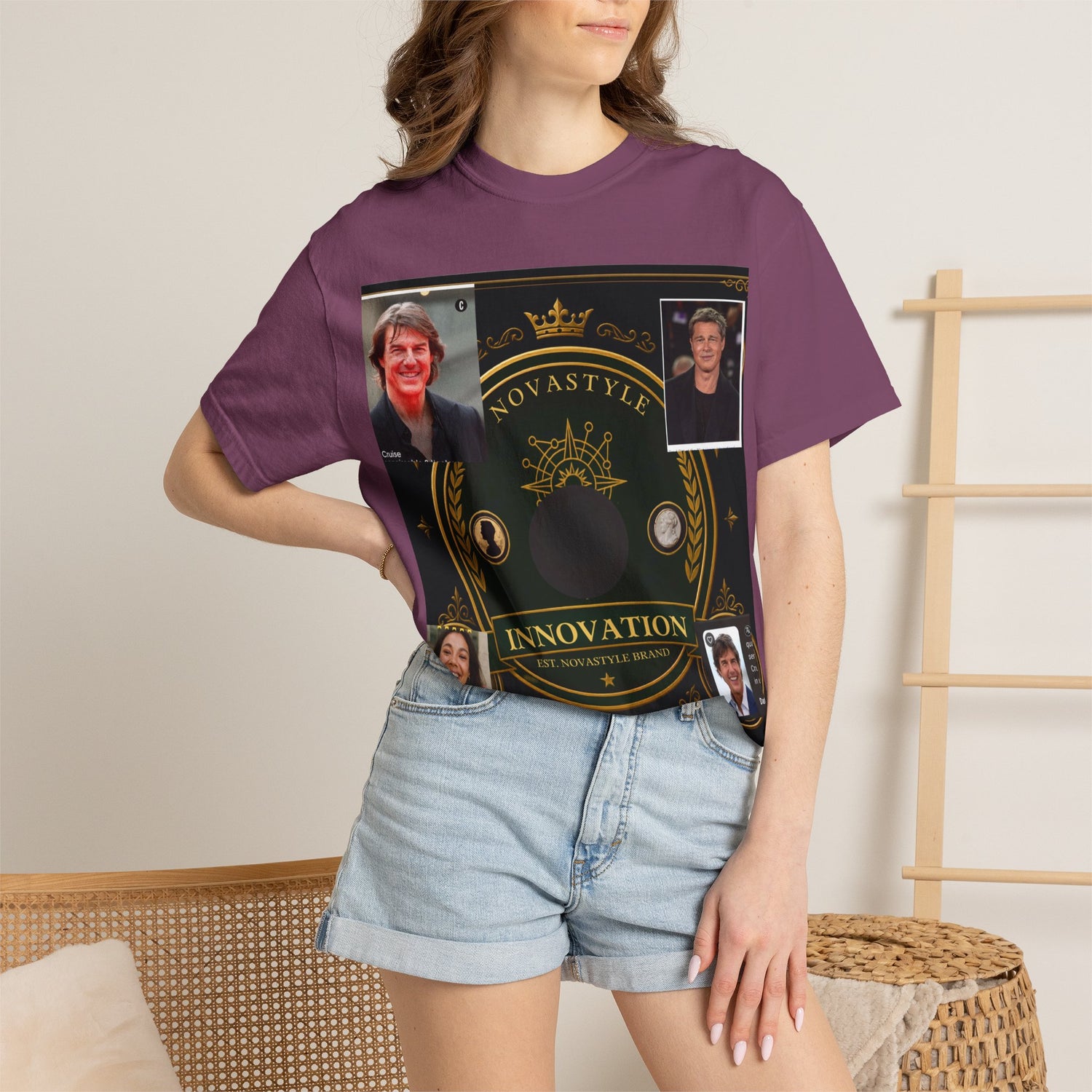 Innovation Crest T-Shirt — Vintage Emblem Tee with Portrait Collage