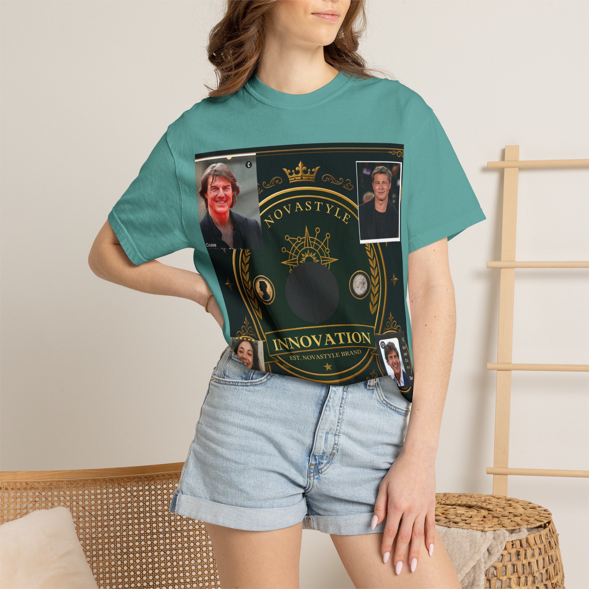 Innovation Crest T-Shirt — Vintage Emblem Tee with Portrait Collage