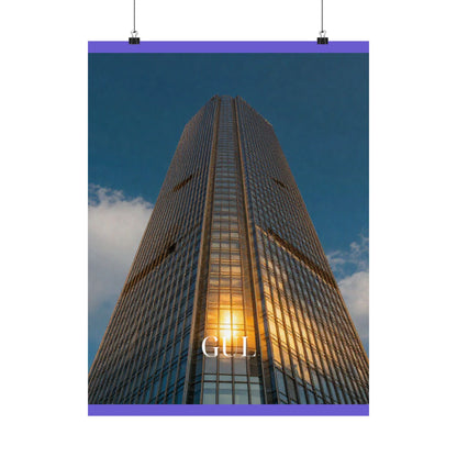 Skyscraper Sunset Matte Vertical Poster — Modern Architectural Wall Art ("GLL" Accent)