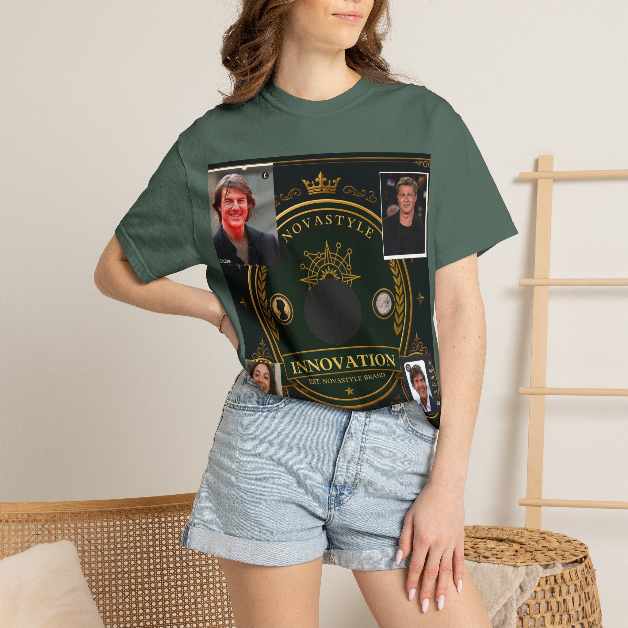 Innovation Crest T-Shirt — Vintage Emblem Tee with Portrait Collage