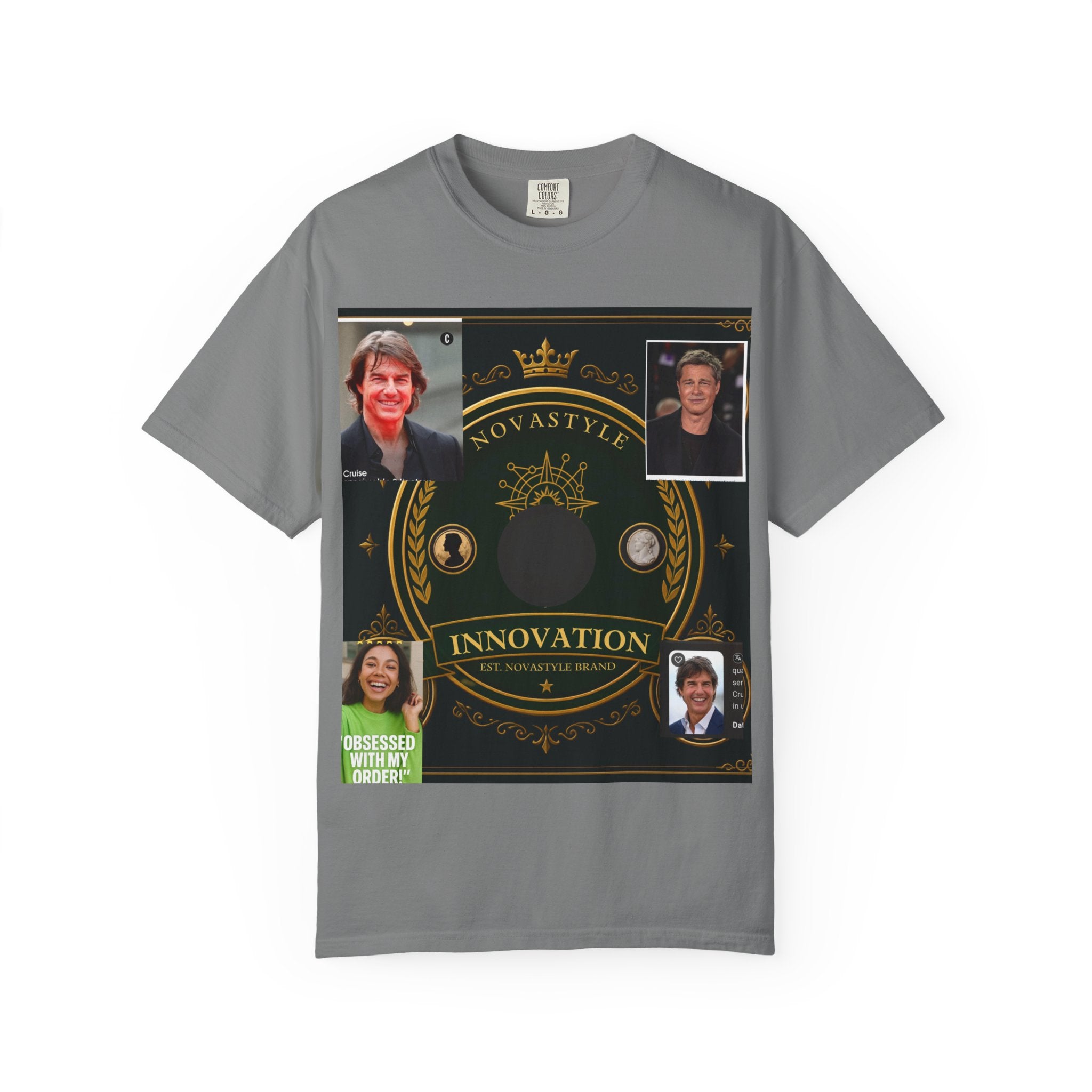 Innovation Crest T-Shirt — Vintage Emblem Tee with Portrait Collage