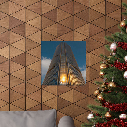 Skyscraper Sunset Matte Vertical Poster — Modern Architectural Wall Art ("GLL" Accent)