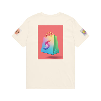 Neon Shop Icon T-Shirt — Colorful Gradient Shopping Bag Design