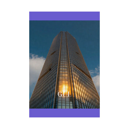 Skyscraper Sunset Matte Vertical Poster — Modern Architectural Wall Art ("GLL" Accent)