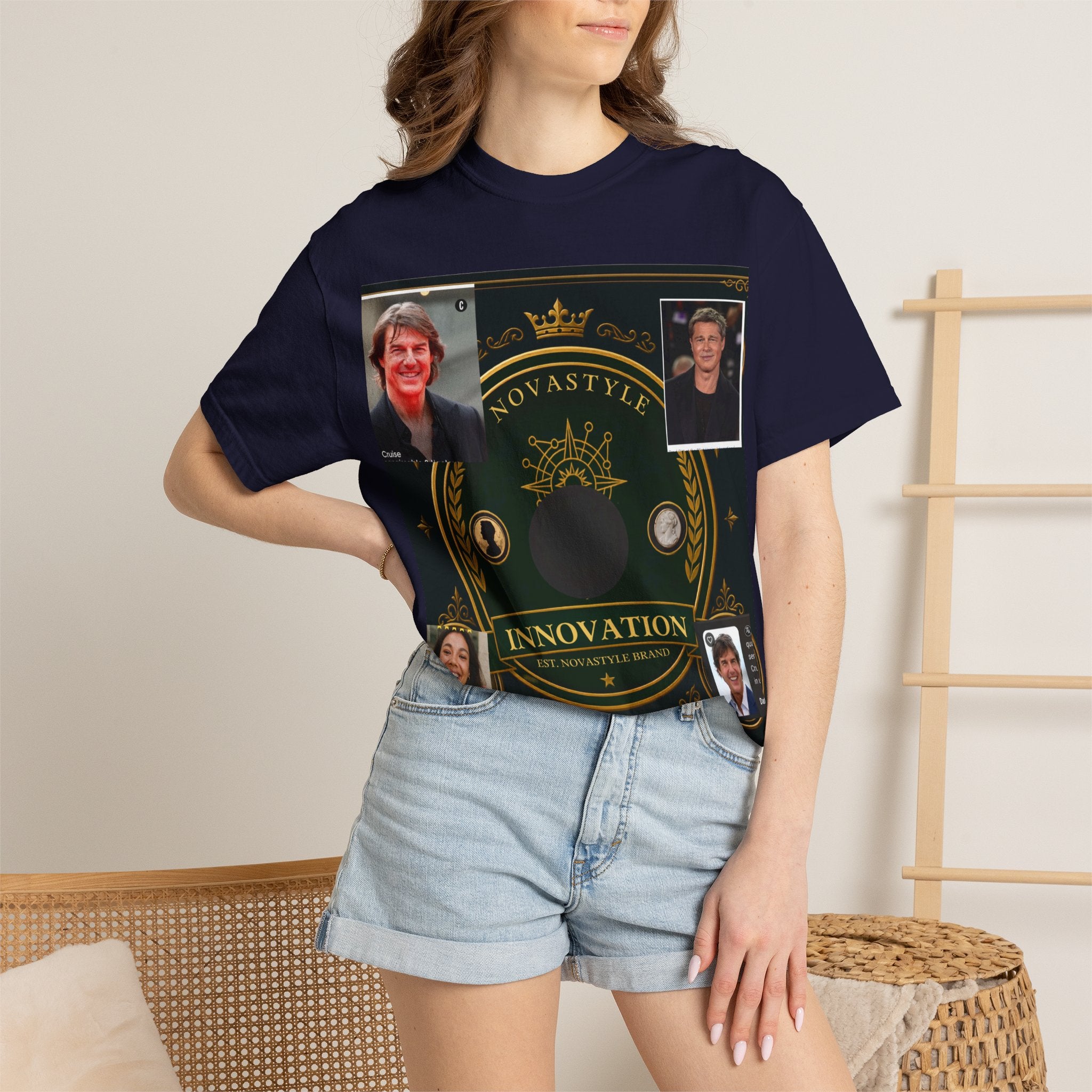 Innovation Crest T-Shirt — Vintage Emblem Tee with Portrait Collage