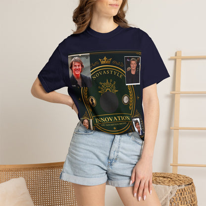 Innovation Crest T-Shirt — Vintage Emblem Tee with Portrait Collage