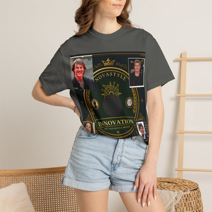 Innovation Crest T-Shirt — Vintage Emblem Tee with Portrait Collage