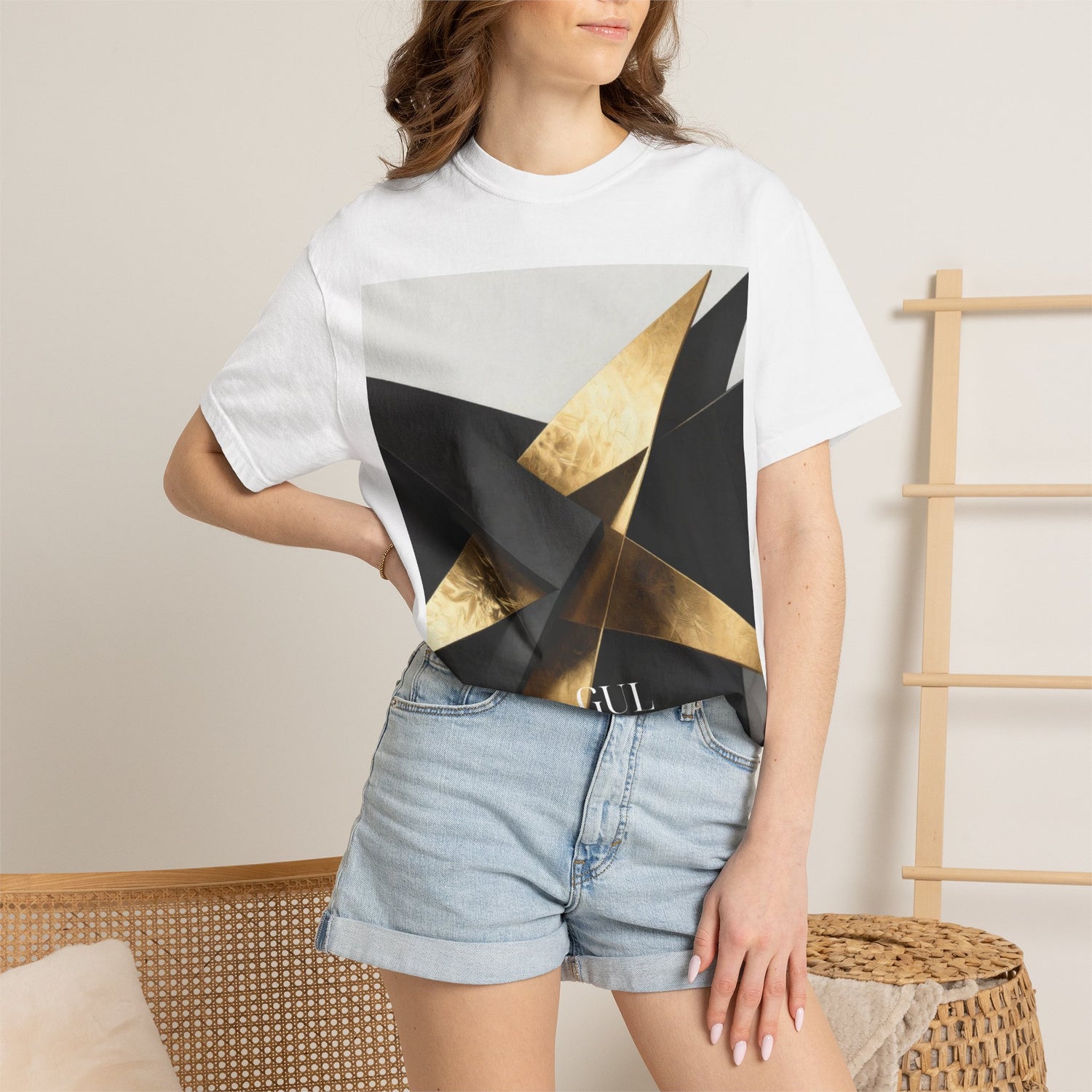 Graphic T-Shirt — Modern Gold Abstract &amp; Mountain Photo Print